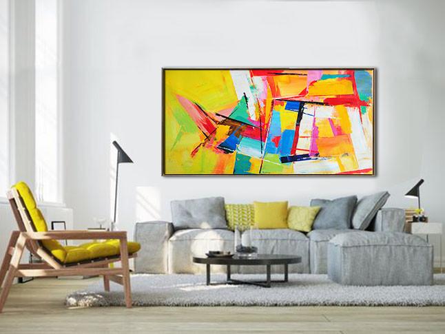 Hand Made Original Art,Horizontal Palette Knife Contemporary Art Panoramic Canvas Painting,Hand Painted Abstract Art,Yellow,Red,White,Blue.etc